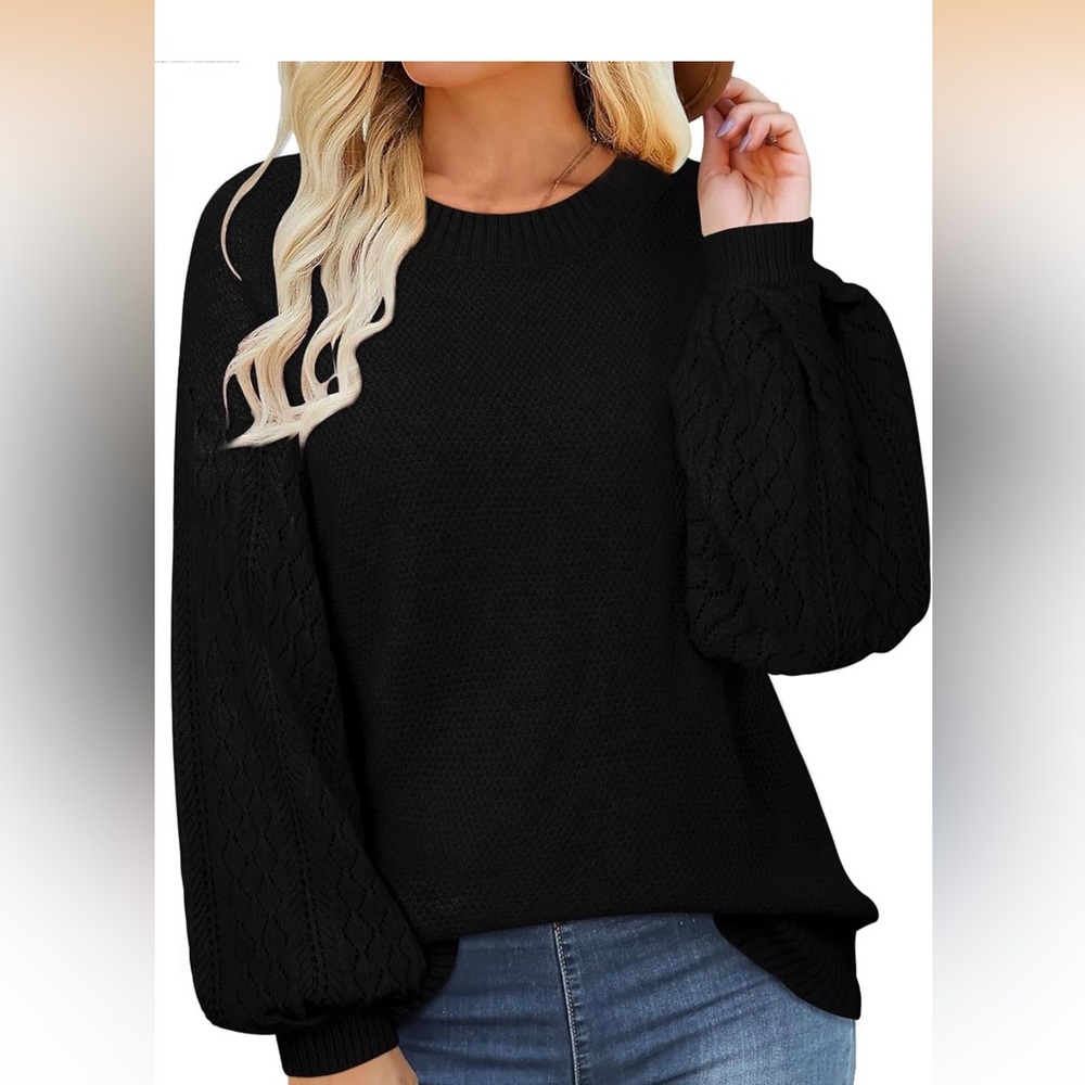 Women's Black Puff-Sleeve Crewneck Sweater